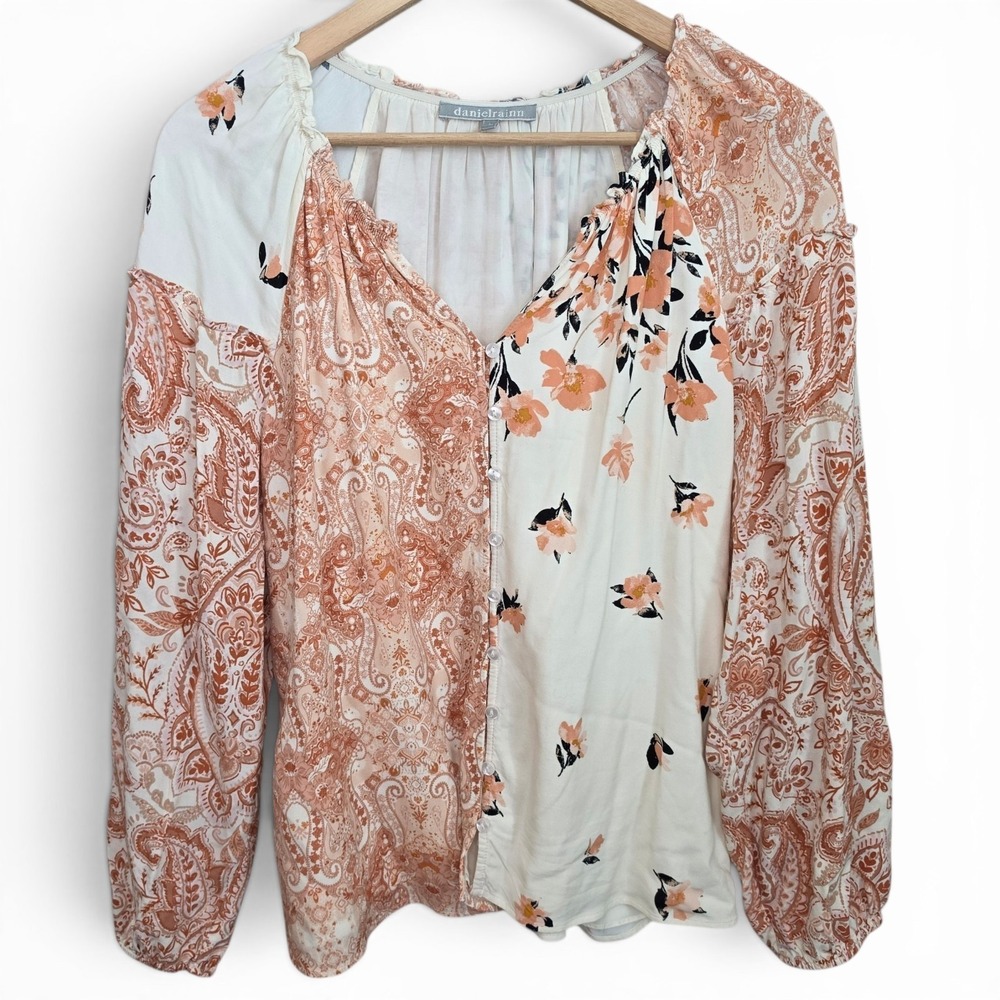 Daniel Rainn Top Womens Large Ivory Pink Peasant Blouse Floral Print Boho Casual